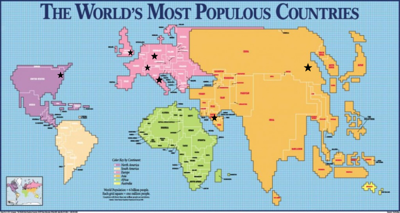 World population map. Stars indicate approximate location of world centers of power. L-R, Washington DC, City of London, Zurich - Switzerland, Frankfurt - Germany, Vatican City- Rome-Italy, Mecca Saudi Arabia, Beijing China . Notice how close the four European powers are together, centered around Zurich. Source image from  http://goumbook.com/?attachment_id=14413